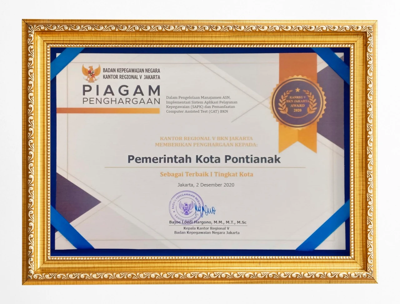 Terbaik I Manajemen ASN, Pemkot Pontianak Raih Penghargaan BKN Regional V